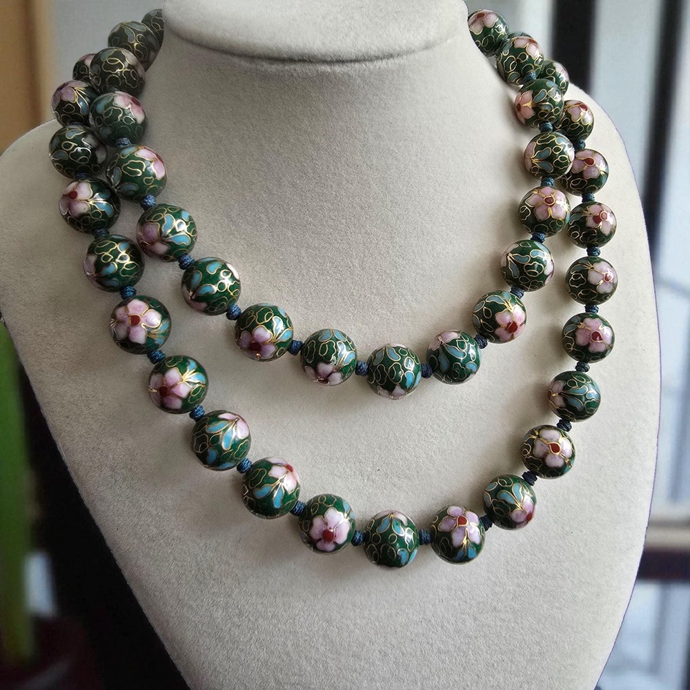 Green Cloisonne Floral Necklace 32" Hand-Knotted Enamel Beads Gold Filigree